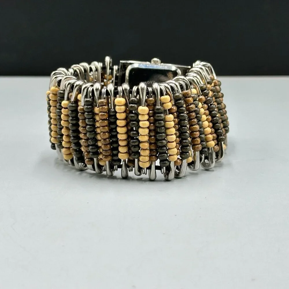 3/$30 Geneva Watch Women Silver Brown Wood Beads Safety Pins Stretch Band 7.25